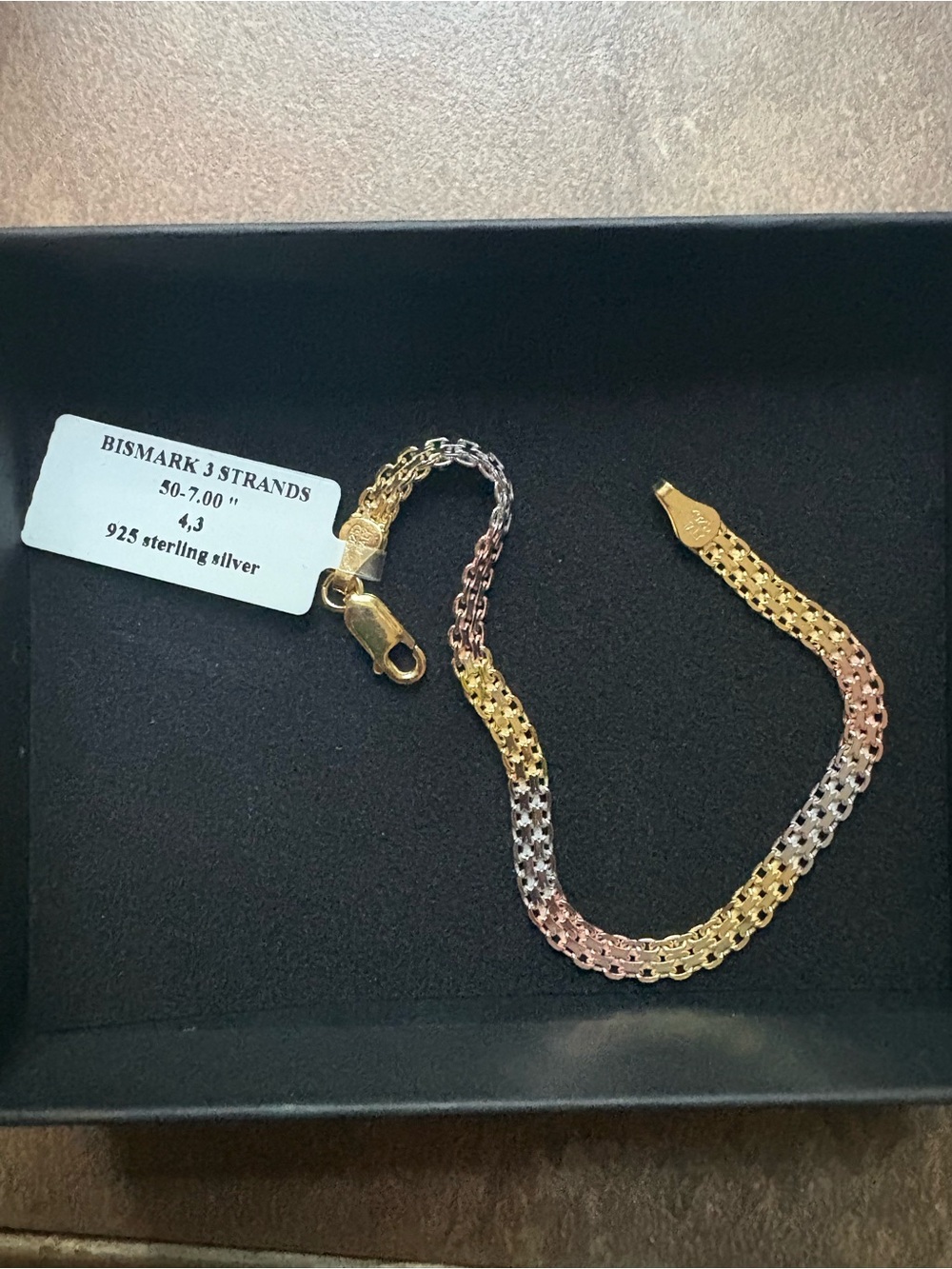 Tri-Color Bismark 3-Strand 925 Sterling Silver Bracelet- 7in